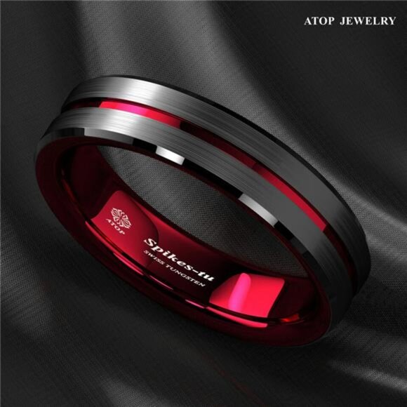 6mm Black Red Line Men's Wedding Band Ring - Perfect for Men and Women - Picture 3 of 6